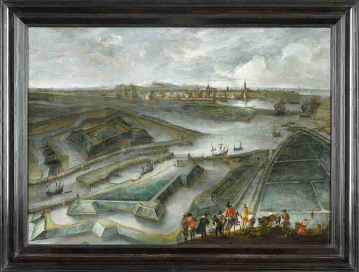 Hendrik van Minderhout, A view of Ostend, with the Fort Saint Philippe and the Slijkens Sluice, with figures in the foreground and the flag of Flanders, Est. £20,000 – 30,000 copy.jpg
